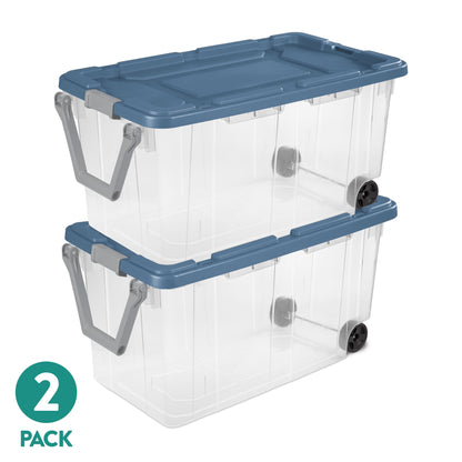 Sterilite Extra-Large Wheeled Rugged Storage Bin, 160 Quart Durable Clear Storage Container with Latching Lid and Pull Handle, Green, 2 Pack