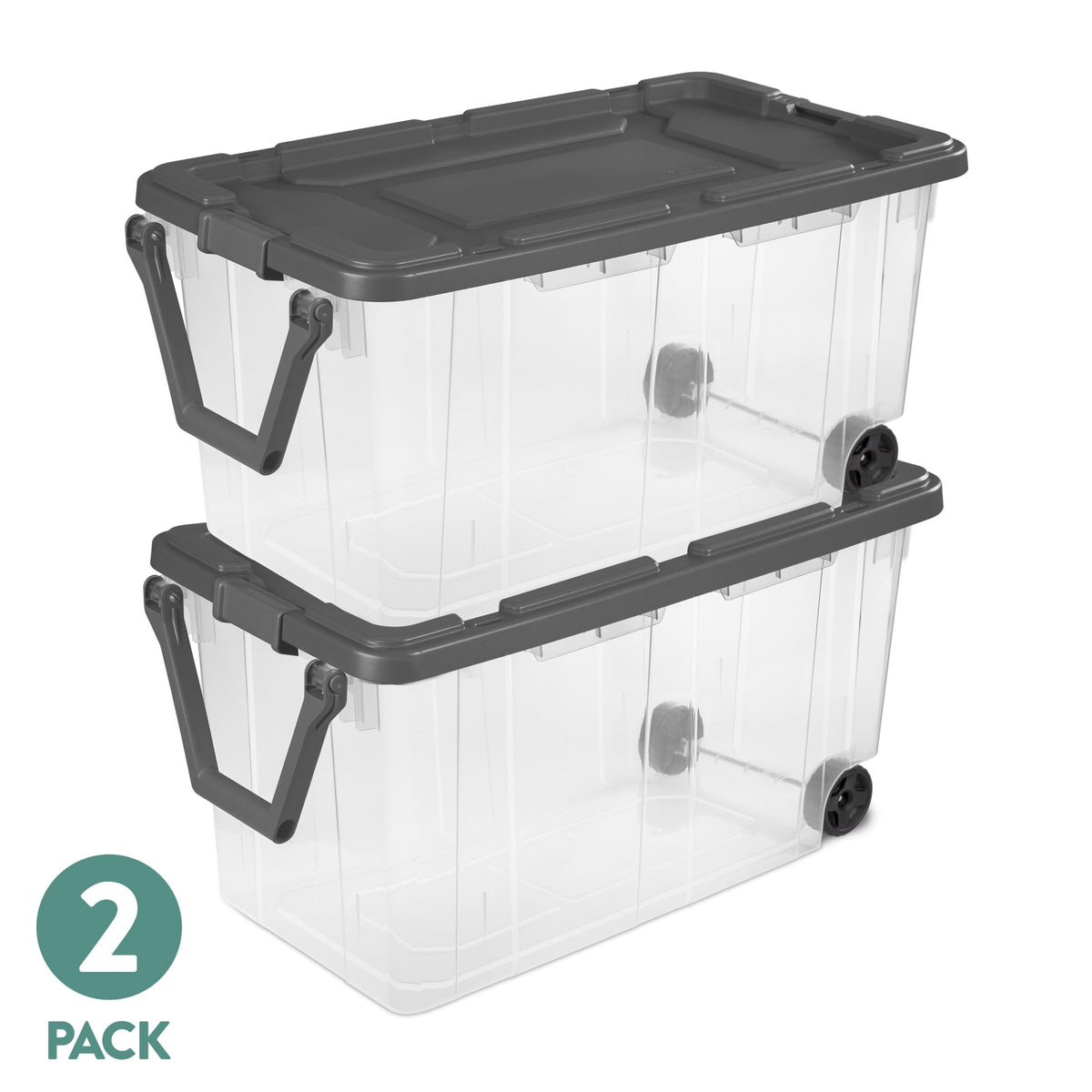 Sterilite Extra-Large Rugged Wheeled Storage Bin, 160 Quart Durable Clear Storage Container with Latching Lid and Pull Handle, Dark Gray, 2 Pack