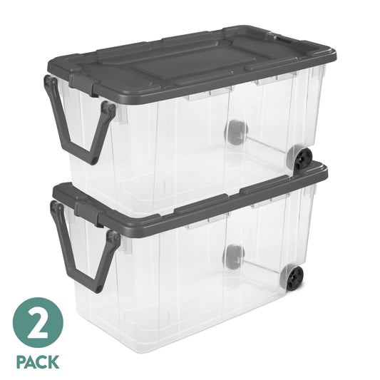 Sterilite Extra-Large Rugged Wheeled Storage Bin, 160 Quart Durable Clear Storage Container with Latching Lid and Pull Handle, Dark Gray, 2 Pack