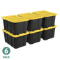 Sterilite Large Storage Bin, 27 Gallon Durable Plastic Storage Tote with Snap-On Lid, Black and Yellow, 6 Pack