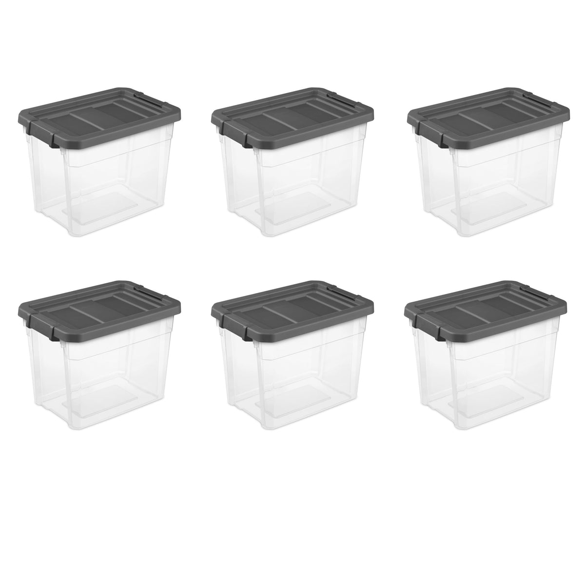 Sterilite Small Storage Bin, 30 Quart Clear Plastic Storage Container with Latch Lid, Dark Gray, Pack of 6