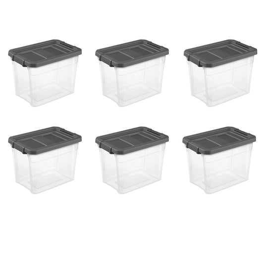 Sterilite Small Storage Bin, 30 Quart Clear Plastic Storage Container with Latch Lid, Dark Gray, Pack of 6