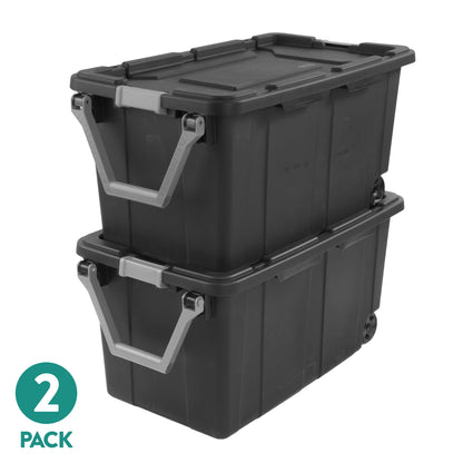 Sterilite Extra-Large Wheeled Industrial Storage Bin, 40 Gallon Durable Plastic Storage Tote with Latching Lid and Pull Handle, Black, 2 Pack