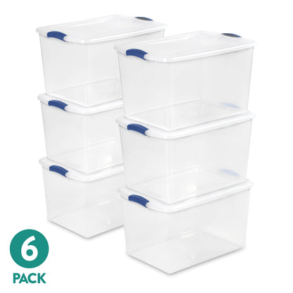 Sterilite Large Latching Storage Bin, 66 Quart Clear Plastic Storage Container with Latch Lid, Blue, 6 Pack