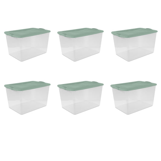 Sterilite Large Latching Storage Bin, 66 Quart Clear Plastic Storage Container with Latch Lid, Green Sage, 6 Pack