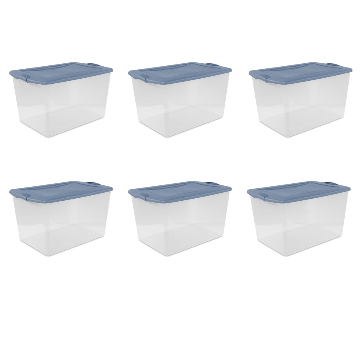 Sterilite Large Latching Storage Bin, 66 Quart Clear Plastic Storage Container with Clear Lid, Blue Latch, 6 Pack