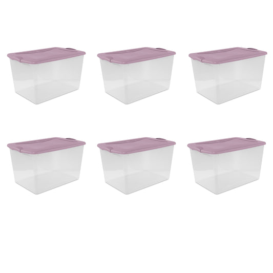 Sterilite Large Latching Storage Bin, 66 Quart Clear Plastic Storage Container with Latch Lid, Purple, 6 Pack