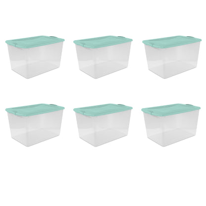 Sterilite Large Latching Storage Bin, 66 Quart Clear Plastic Storage Container with Latch Lid, Blue, 6 Pack