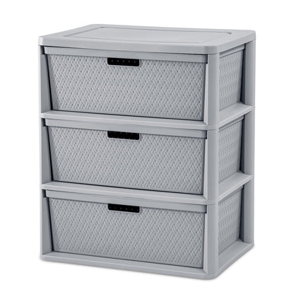 (2 pack) Sterilite Wide 3 Drawer Tower, Plastic Storage Organizer with Removable Decorative Bins, Easy Assembly, No Tools Needed, Brown
