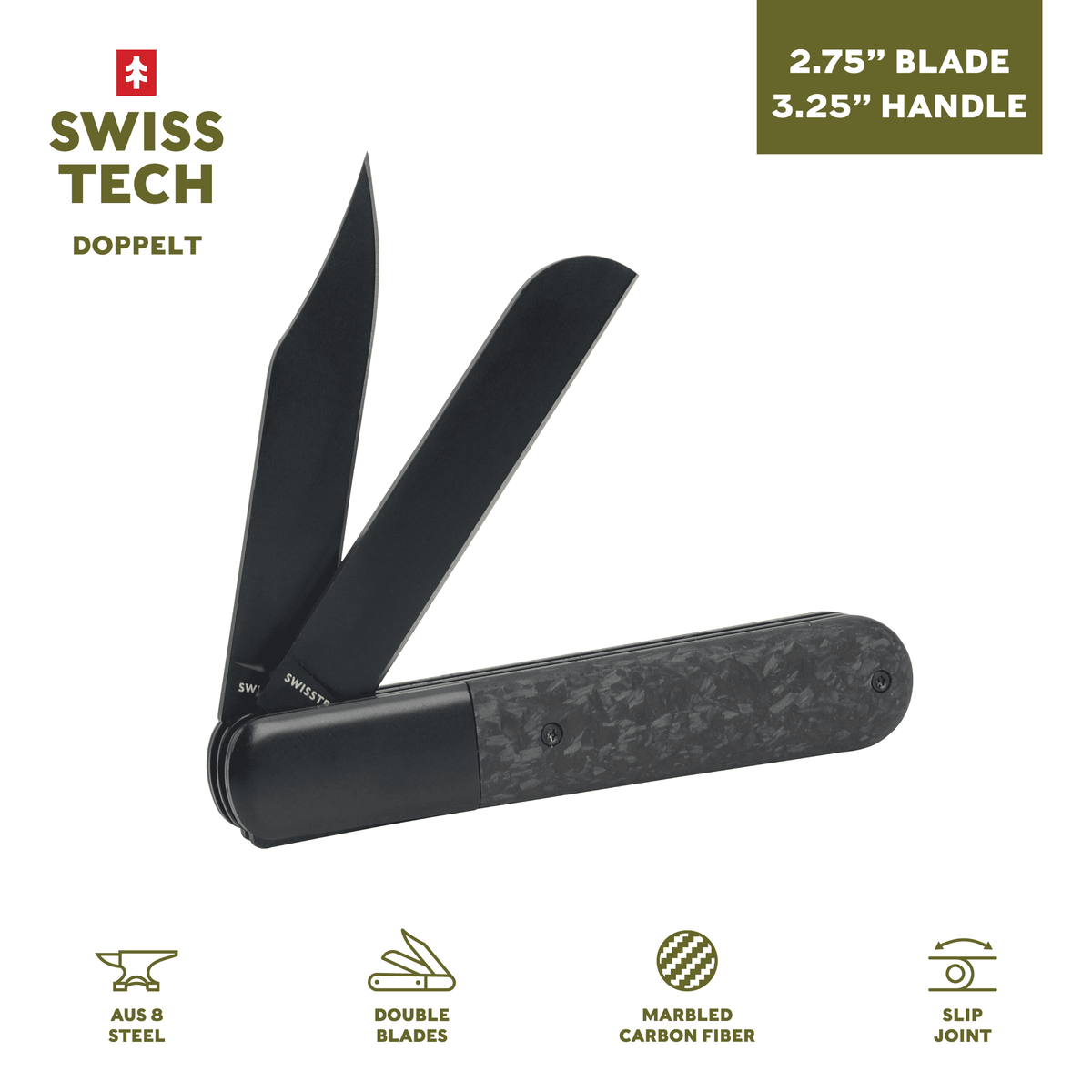 Swiss Tech Barlow Double Bladed Pocket Knife, Trapper, AUS-8, Carbon Fiber Handle, Slip Joint