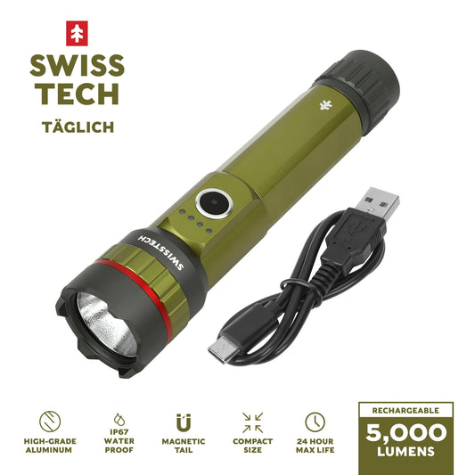Swiss Tech 5000 Lumen Rechargeable LED Flashlight with IP67 Waterproof Protection and Magnetic Tailcap