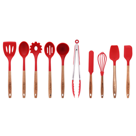 The Pioneer Woman 10-Piece Silicone Kitchen Utensil Set with Acacia Wood Handles, Red