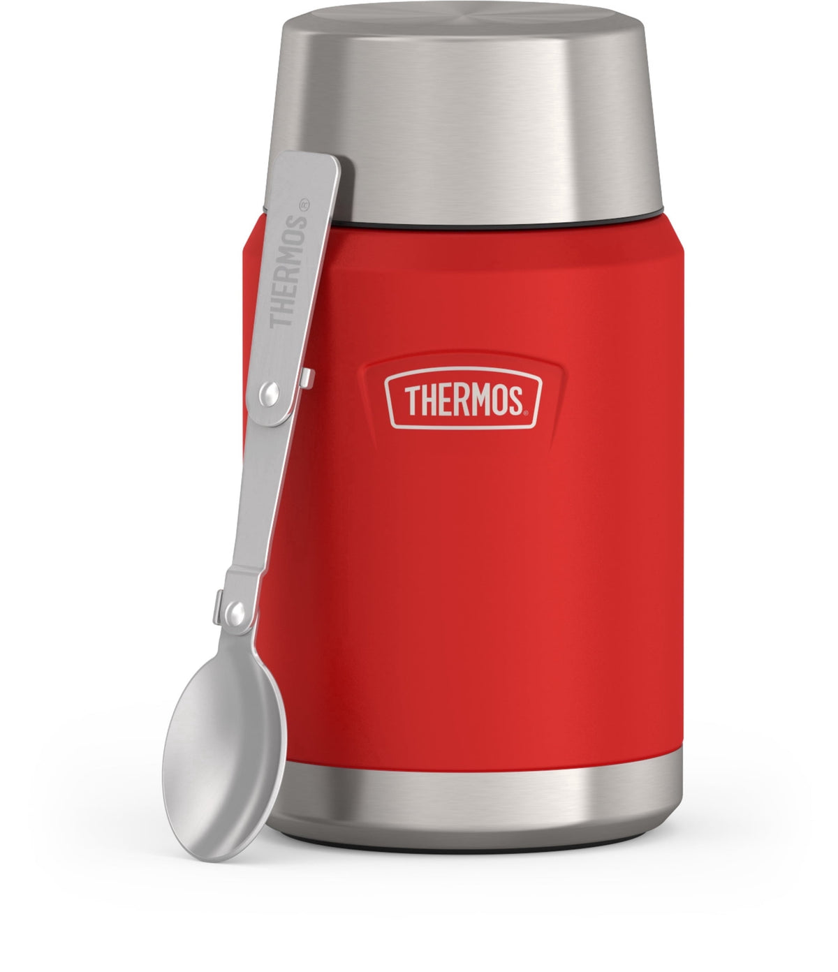 Thermos Vacuum Insulated Food Jar w/ Folding Spoon, 24oz, Matte Stainless, Well Suited to Hot or Cold Meals Away from Home, Made for Portable Food Storage