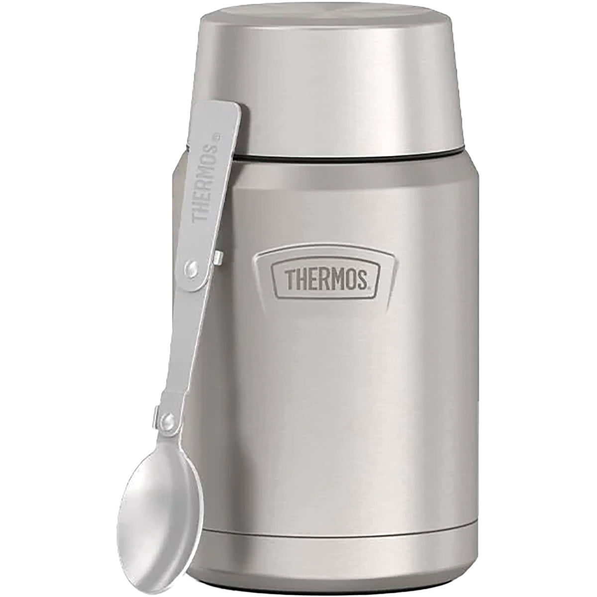 Thermos Vacuum Insulated Food Jar w/ Folding Spoon, 24oz, Matte Stainless, Well Suited to Hot or Cold Meals Away from Home, Made for Portable Food Storage