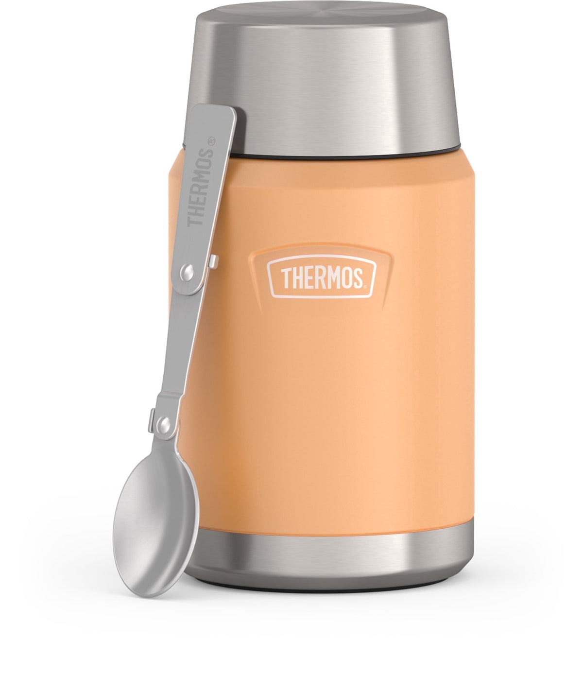 Thermos Vacuum Insulated Food Jar w/ Folding Spoon, 24oz, Matte Stainless, Well Suited to Hot or Cold Meals Away from Home, Made for Portable Food Storage