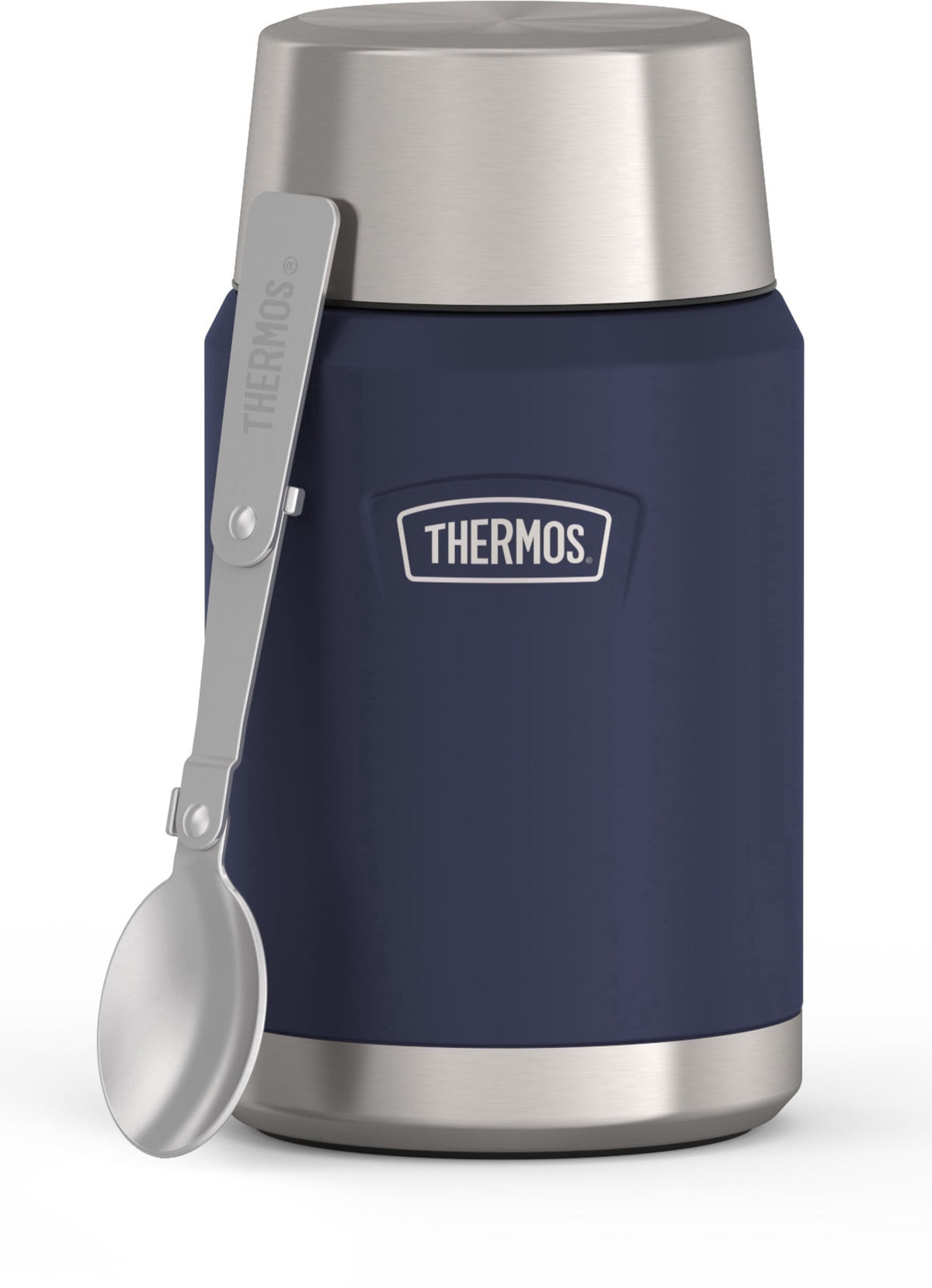 Thermos Vacuum Insulated Food Jar w/ Folding Spoon, 24oz, Matte Stainless, Well Suited to Hot or Cold Meals Away from Home, Made for Portable Food Storage