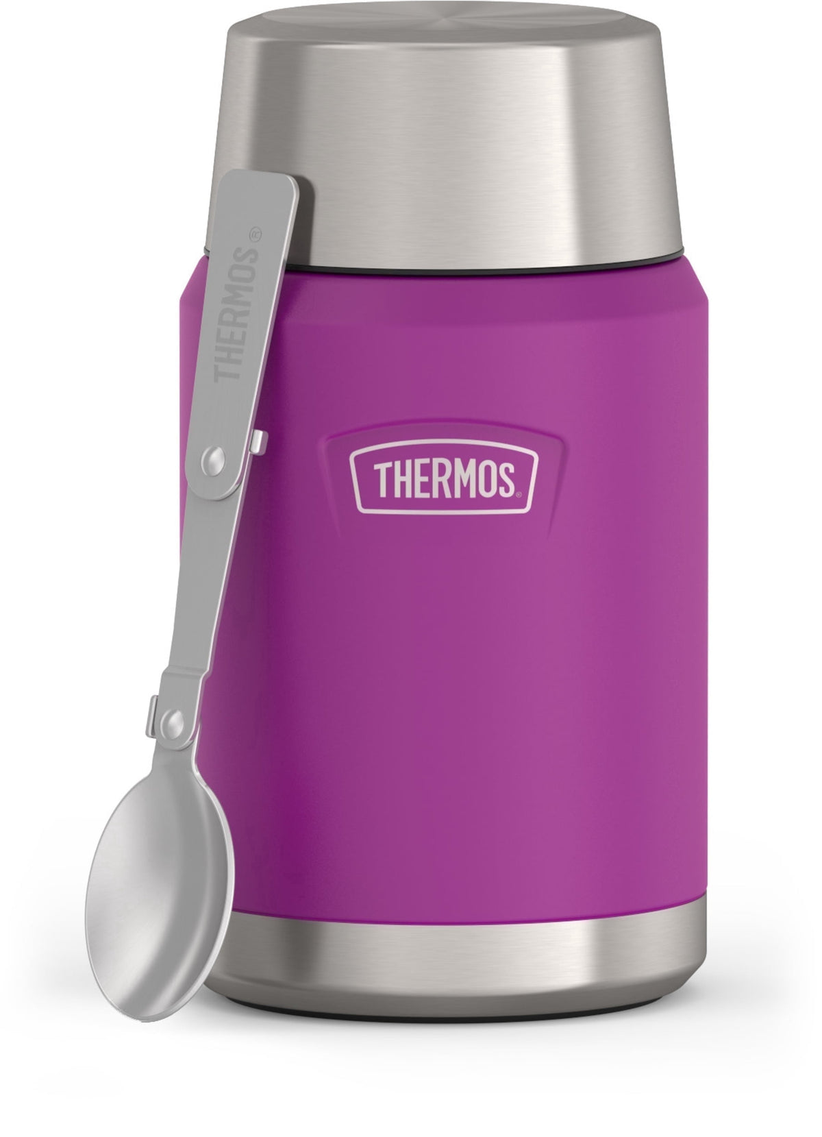 Thermos Vacuum Insulated Food Jar w/ Folding Spoon, 24oz, Matte Stainless, Well Suited to Hot or Cold Meals Away from Home, Made for Portable Food Storage