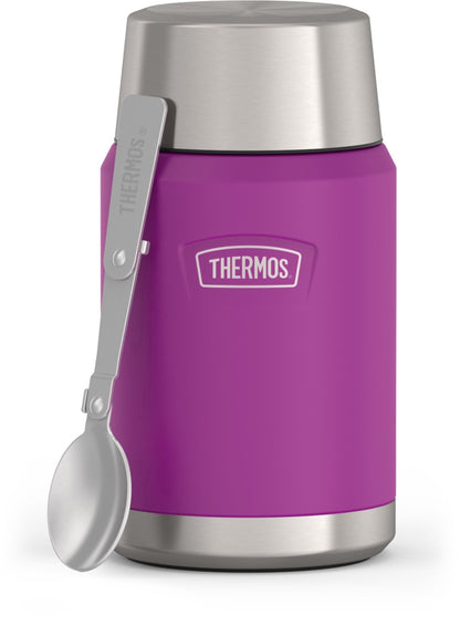 Thermos Vacuum Insulated Food Jar w/ Folding Spoon, 24oz, Matte Stainless, Well Suited to Hot or Cold Meals Away from Home, Made for Portable Food Storage