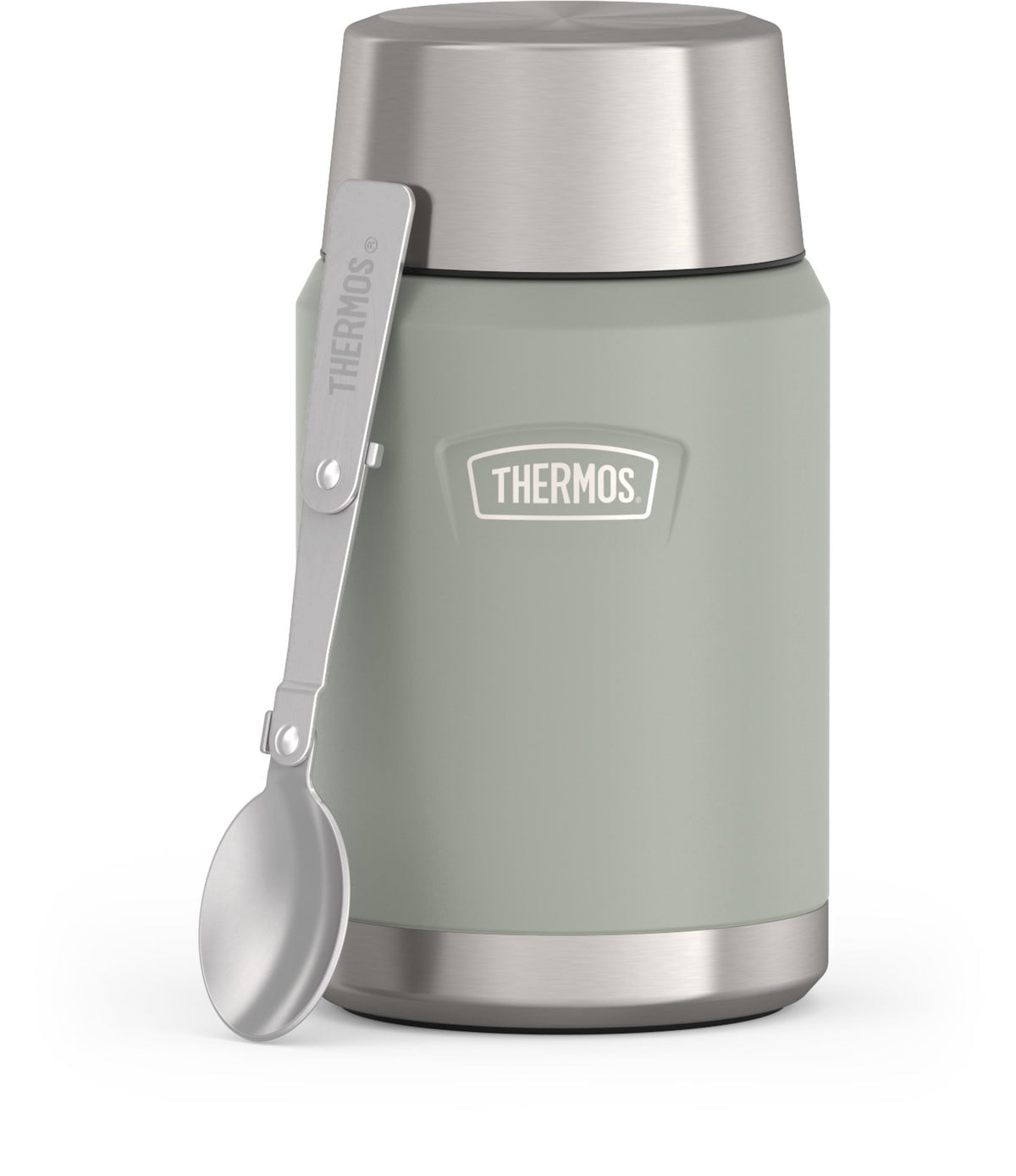 Thermos Vacuum Insulated Food Jar w/ Folding Spoon, 24oz, Matte Stainless, Well Suited to Hot or Cold Meals Away from Home, Made for Portable Food Storage