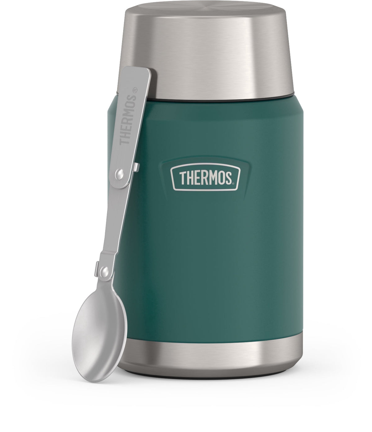 Thermos Vacuum Insulated Food Jar w/ Folding Spoon, 24oz, Matte Stainless, Well Suited to Hot or Cold Meals Away from Home, Made for Portable Food Storage