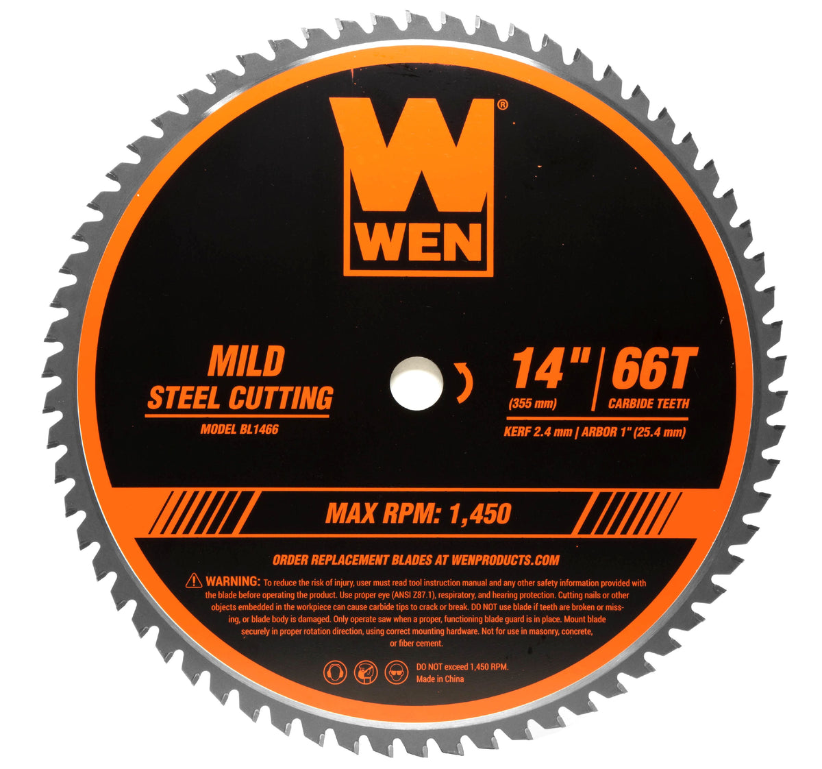 WEN 14-Inch 66-Tooth Carbide-Tipped Professional Metal Saw Blade for Mild Steel Cutting, BL1466