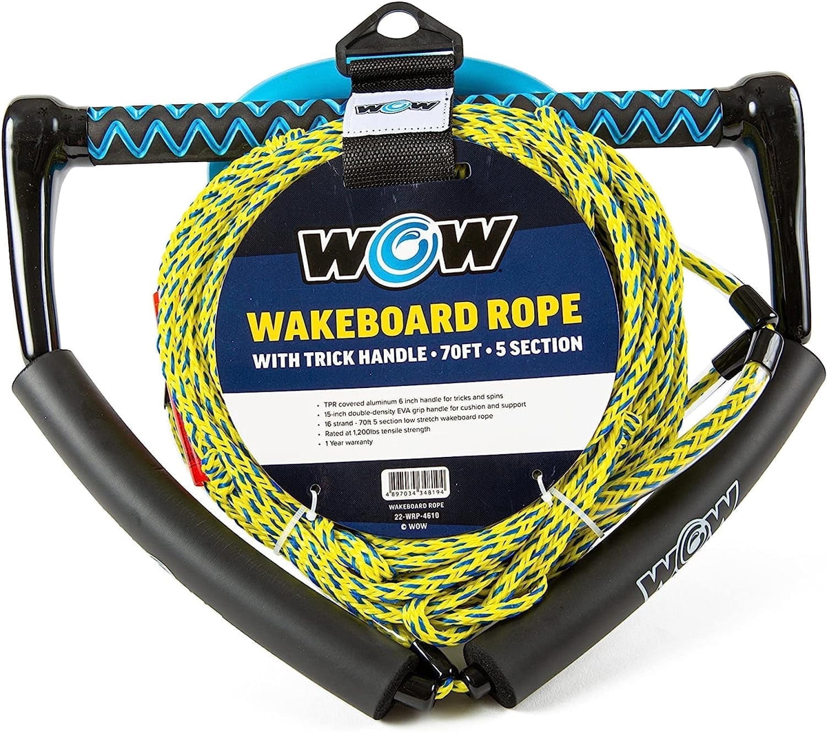 WOW Sports 70' Tow Rope for Wakeboard and Watersports, 70' Rope with Trick Handle, 1 Pack