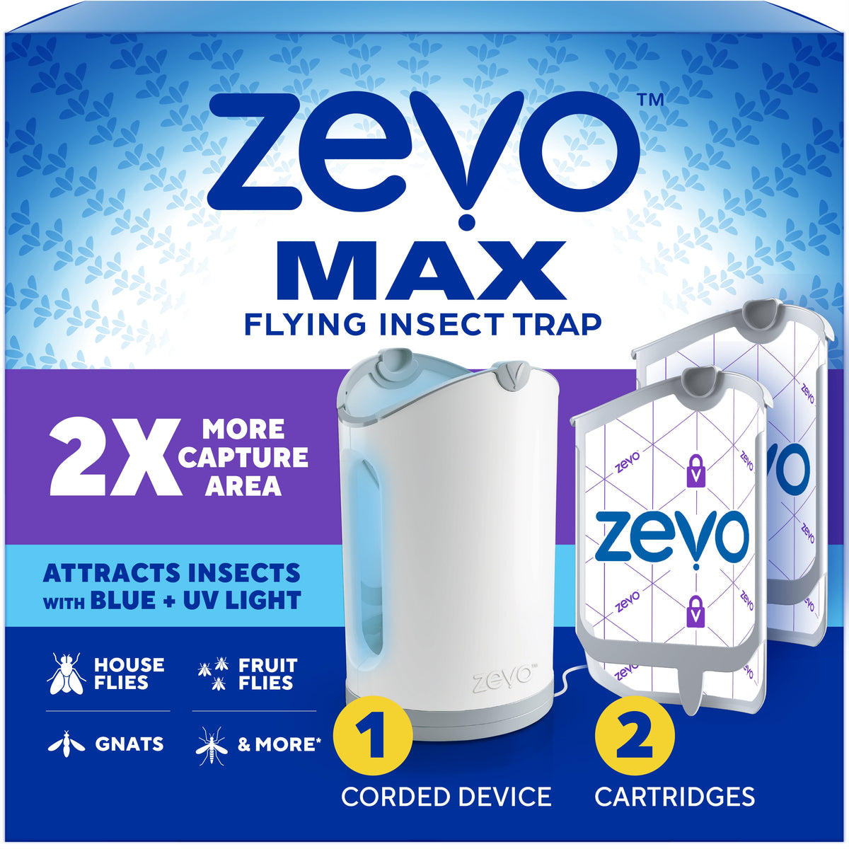 Zevo Max Flying Insect Indoor Fly Trap: Easy, Mess-Free Solution - Light Trap Catches & Kills House Flies, Fruit Flies, Gnats, & More (1 Plug in Device & 2 Cartridges)