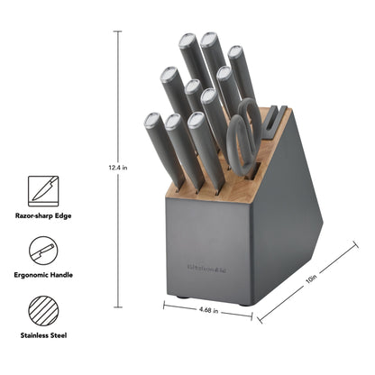 KitchenAid Classic 12-Piece Japanese Steel Knife Block Set with Built-in Knife Sharpener, Charcoal Gray