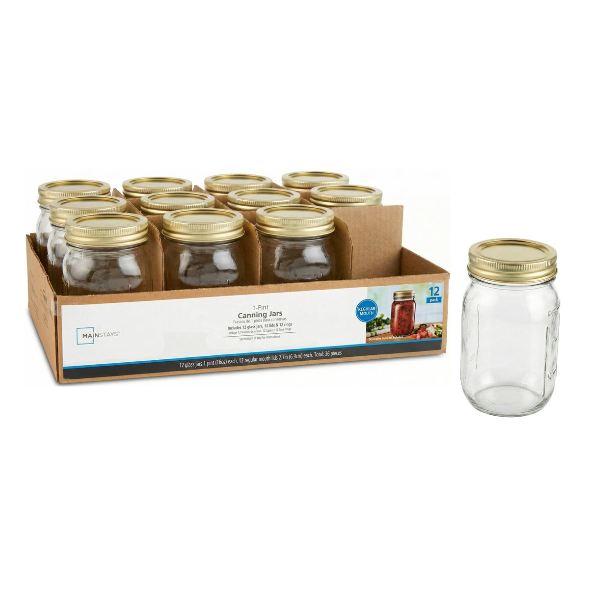 (2 pack) Mainstays Regular Mouth 16 oz Pint Mason Jars with Lids and Bands, 12-Pack Glass Canning Jars