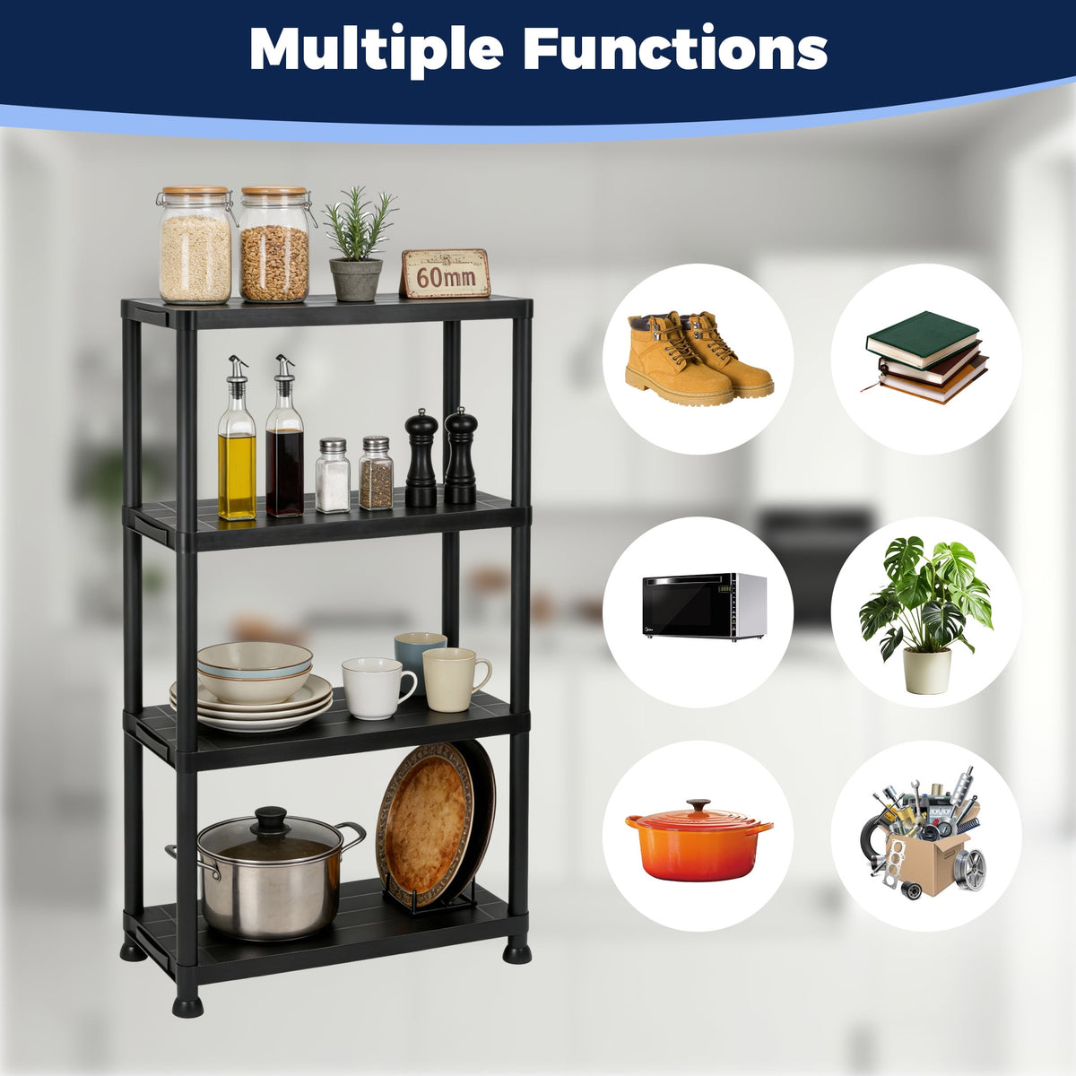 Plastic Shelves, 4-Shelf Storage rack, Multi-Purpose Storage Shelf, Plastic Storage Shelves for Storage Easy to Assemble for Garage Basement Kitchen Office Bedroom Bathroom