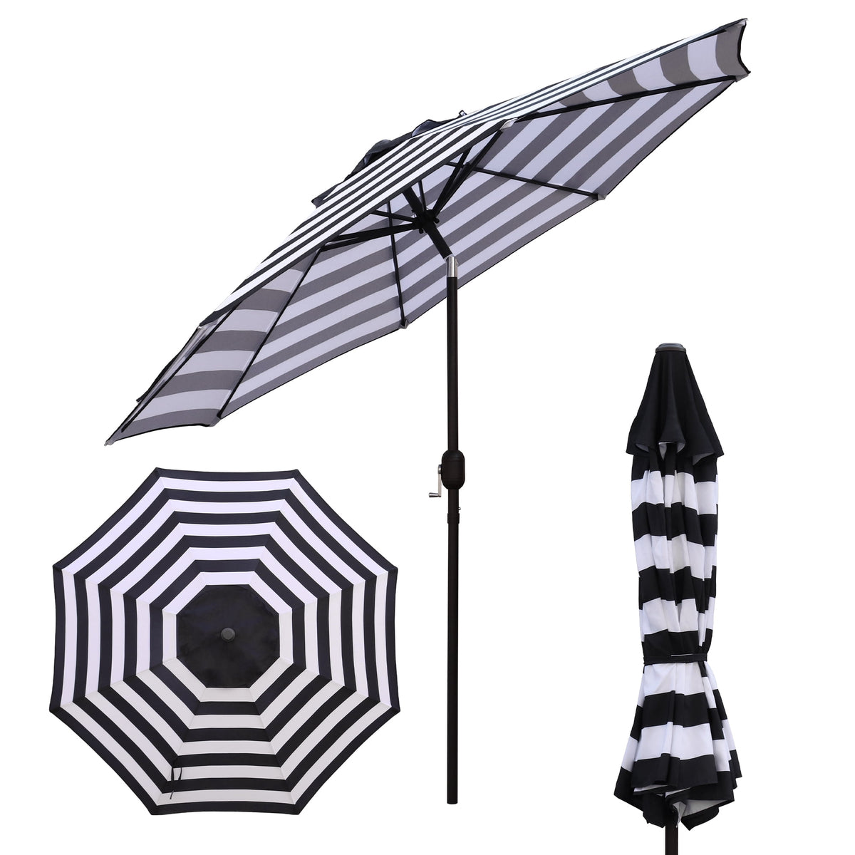 Abble 9FT Black and White Stripe Outdoor Patio Umbrella with Push Button Tilt and Crank Handle, Market Umbrella with 8 Sturdy Umbrella Ribs, Waterproof for Garden Deck Backyard Pool