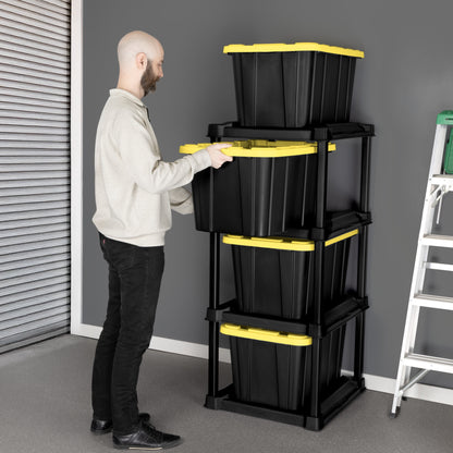 4 Tier Tote Rack, Holds Four 27 Gallon Industrial Storage Totes, Heavy Duty Plastic Garage Storage Organizer, Vertical Easy-Access No-Stacking Design, Black