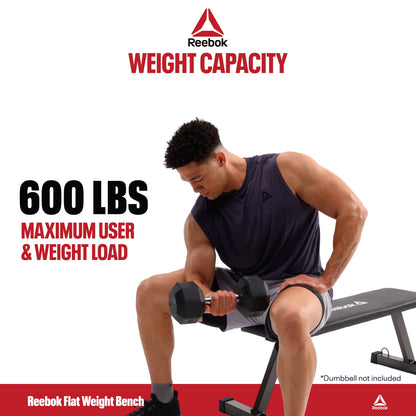 Reebok Heavy Duty Flat Bench – 600 lb Capacity, Tip-Resistant & Portable Weight Bench
