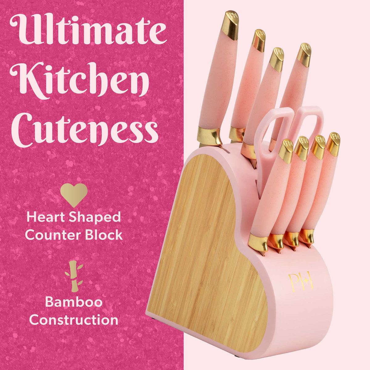 Paris Hilton 10-Piece Stainless Steel Kitchen Knife Set with Heart-Shaped Block, Pink