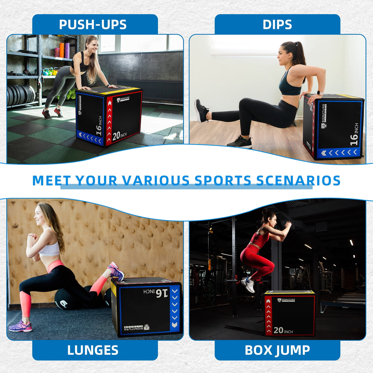 Signature Fitness 3-in-1 Foam Plyometric Jump Box, Adjustable Height 16/20/24 Inch, Anti-Slip Surface, Easy to Clean, for Home Gym Training, Multi-Color