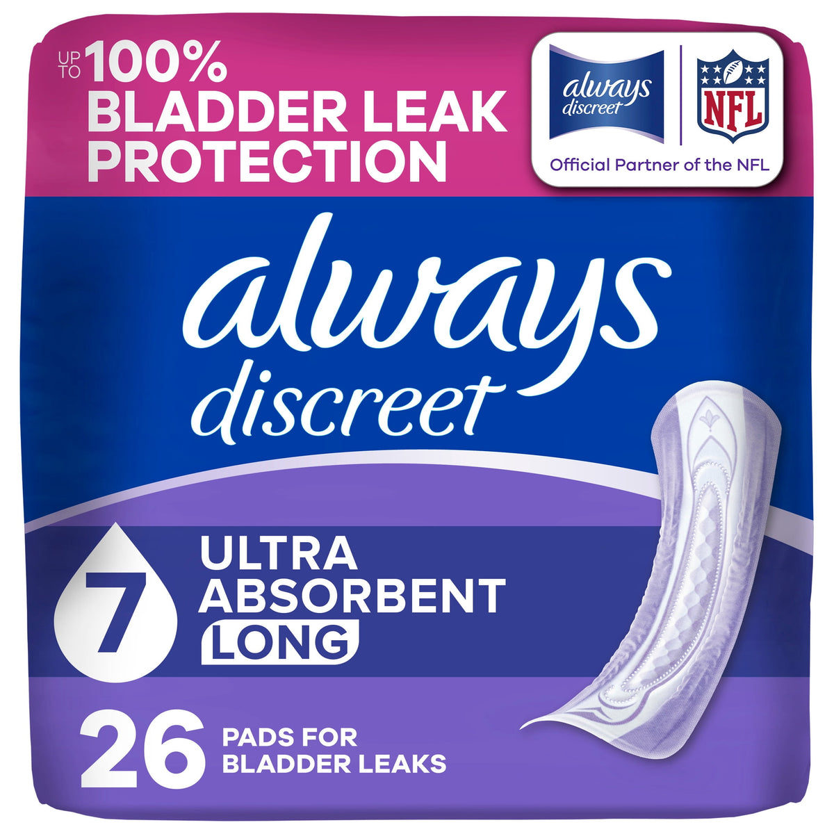 (2 pack) Always Discreet Adult Incontinence Pads for Women, Ultra Absorbent, Long Length, Postpartum Pads, 26 Count