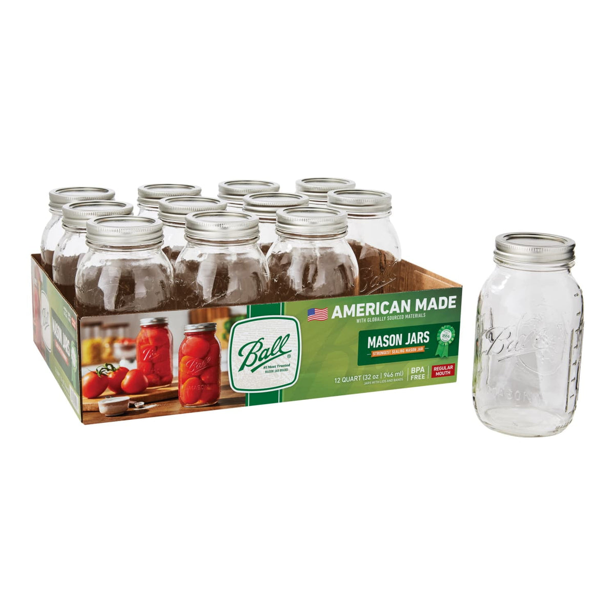 (4 pack) Ball Regular Mouth Quart 32-Oz. Glass Mason Jar with Lids and Bands, 12-Count