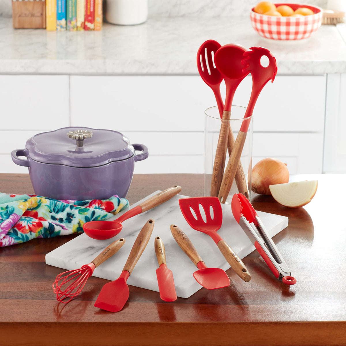 The Pioneer Woman 10-Piece Silicone Kitchen Utensil Set with Acacia Wood Handles, Red