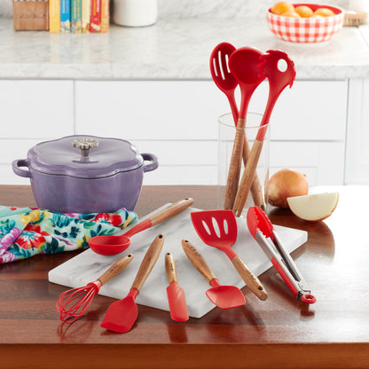 The Pioneer Woman 10-Piece Silicone Kitchen Utensil Set with Acacia Wood Handles, Red