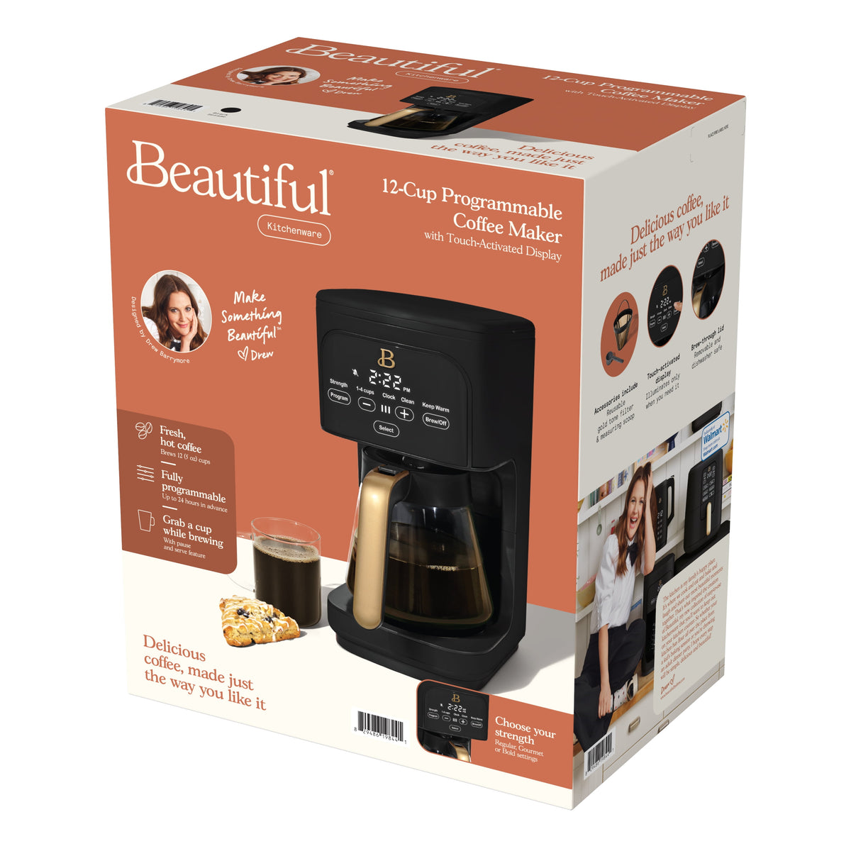 Beautiful by Drew Barrymore 12-Cup Programmable Coffee Maker, Black Sesame