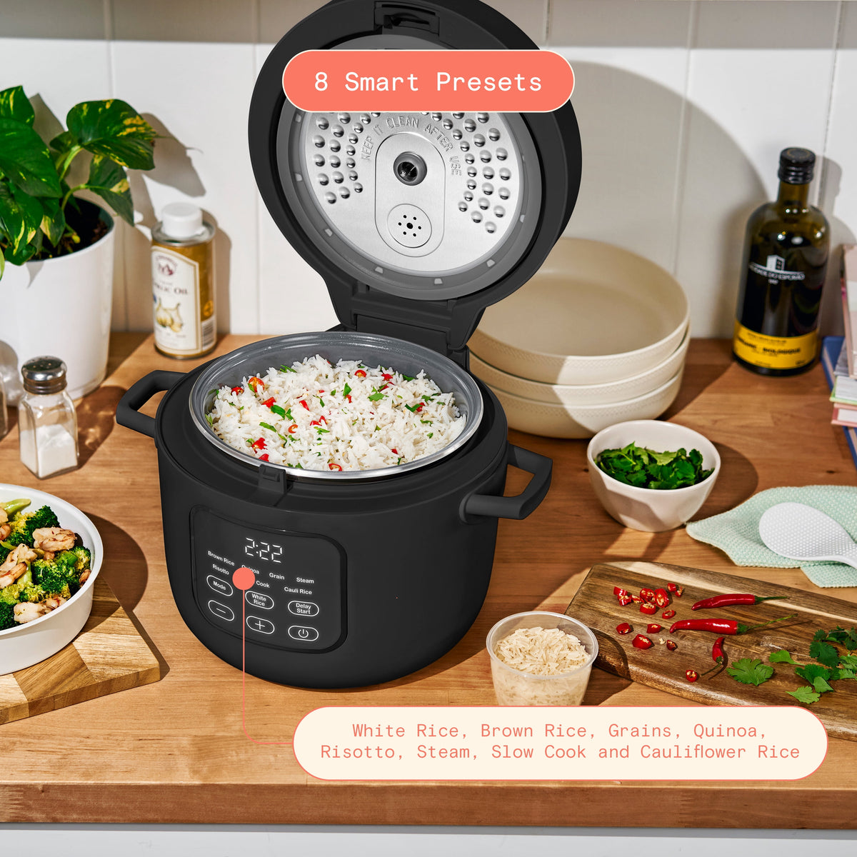 Beautiful 14-Cup Cooked, 6-Cups Uncooked Electric Rice and Grain Cooker, EverGood Ceramic Nonstick Coating, Black Sesame by Drew Barrymore