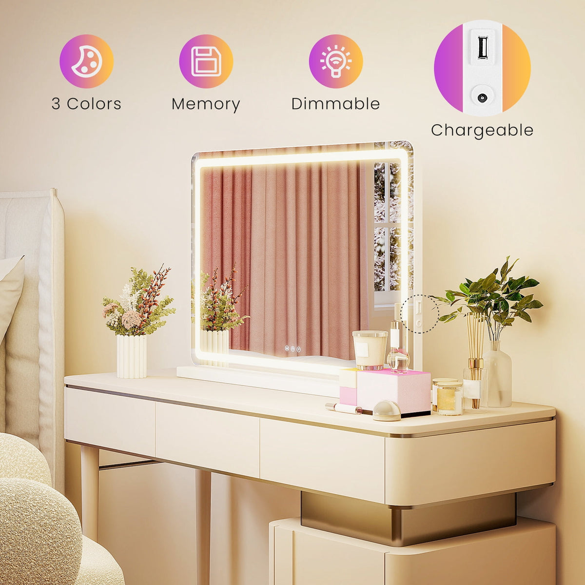 Gianna 19"x22" LED Vanity Mirror with Lights, Dimmable 3-Color Modes, Touch Screen Makeup Mirror for Dressing Table, White Square Design