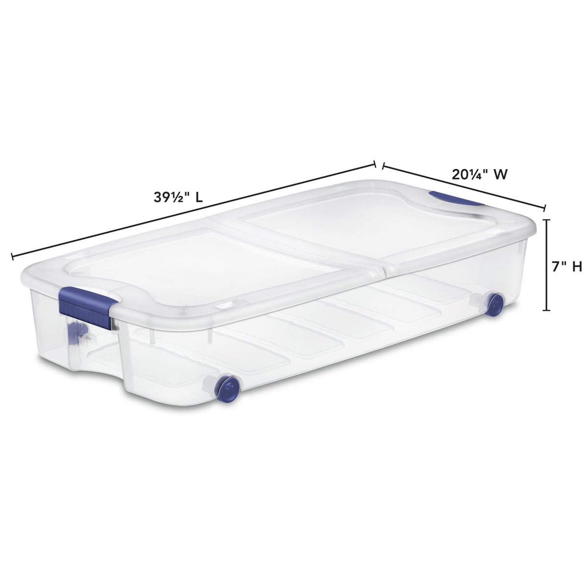 (2 pack) Sterilite 66 Quart Latching Underbed Wheeled Storage Bin, Clear Plastic Storage Container with Latch Lid, Blue