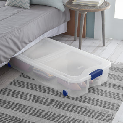 (2 pack) Sterilite 66 Quart Latching Underbed Wheeled Storage Bin, Clear Plastic Storage Container with Latch Lid, Blue