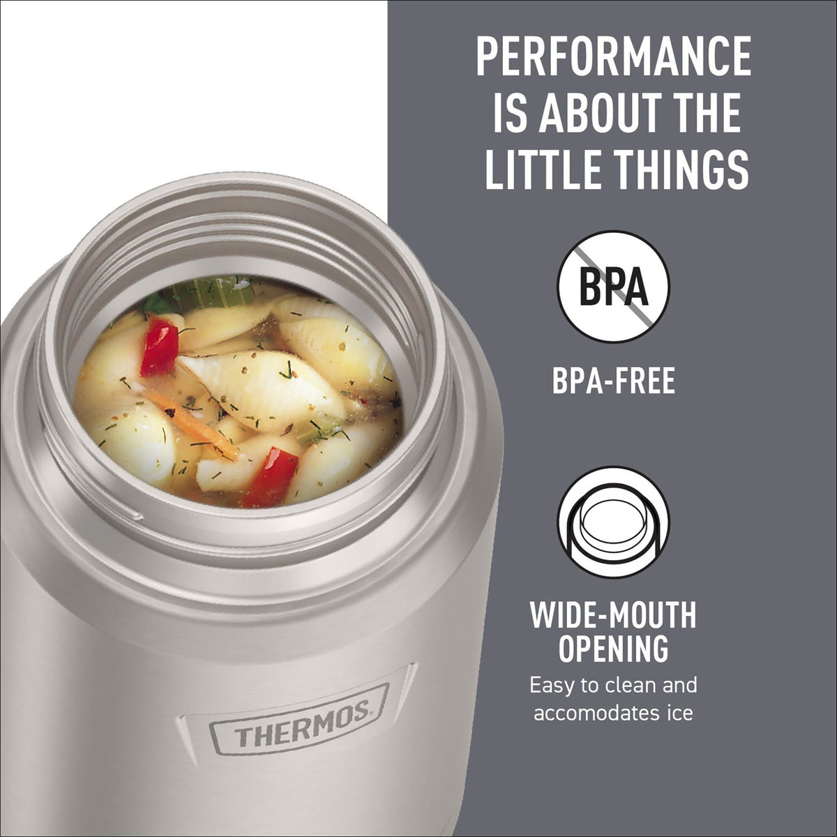Thermos Vacuum Insulated Food Jar w/ Folding Spoon, 24oz, Matte Stainless, Well Suited to Hot or Cold Meals Away from Home, Made for Portable Food Storage