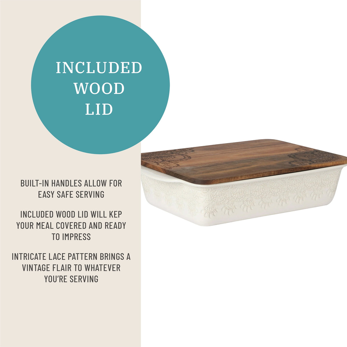 The Pioneer Woman Vintage Lace 13" x 9" 6 qt Linen Ceramic Casserole Baking Dish, with Wood Lid