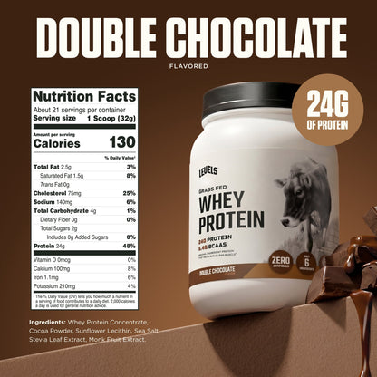 Levels Grass Fed Whey Protein Powder, No Artificials, 24g of Protein, Double Chocolate, 1.48 lbs
