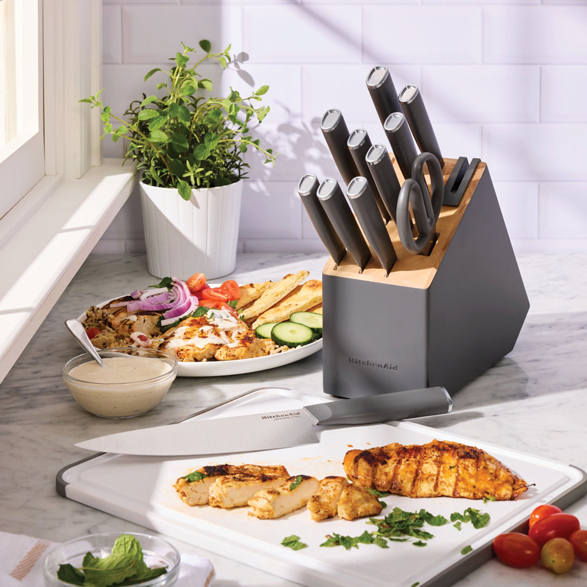 KitchenAid Classic 12-Piece Japanese Steel Knife Block Set with Built-in Knife Sharpener, Charcoal Gray