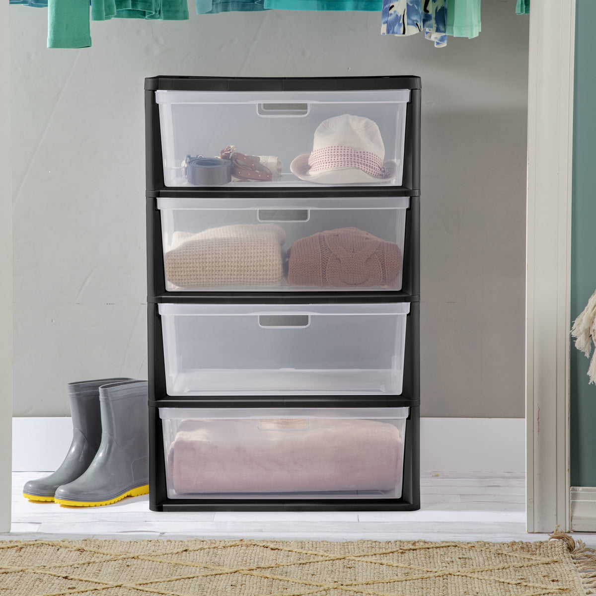 (2 pack) Sterilite Wide 4 Drawer Tower, Plastic Storage Organizer with Removable Clear Bins, Easy Assembly, No Tools Needed, Black