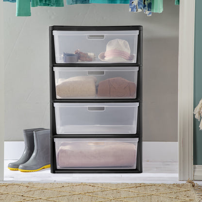 (2 pack) Sterilite Wide 4 Drawer Tower, Plastic Storage Organizer with Removable Clear Bins, Easy Assembly, No Tools Needed, Black